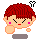 Pixelated character with red hair and pink cheeks, showing angry expression in two