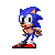 Pixelated blue hedgehog character in red shoes and white gloves, shown from side view with varying head angles across three
