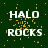 Green background with white text 'HALO ROCKS' and scattered orange pixel fragments, animated