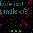 Pixelated text reads 'love isnt Simple =.<' on black background with scattered pink squares and three green Y-shaped symbols at bottom.