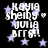 Pixelated text 'KAYIA shelby JUNIA BFFS!' with light purple stars on black background, repeated in four quadrants.