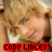 six identical images showing a person with light brown hair and a white top, each overlaid with 'CODY LINLEY' text in different colors