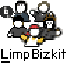 Pixelated cartoon group of five figures with white faces and dark clothing, one central figure in red hat and yellow sleeves, next to text "Limp Bizkit" and "badass buddy .com" on gray background.