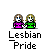 Pixel art of two women holding hands with text labels and speech bubbles changing between frames.