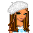 Pixel art contact sheet showing three frames of a cartoon character with brown hair, white beret, and blue-and-white outfit against a light blue background with pink hearts and repeated "cutie" text.