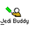 Animated contact sheet of a pixelated Jedi Buddy icon showing multiple frames with green lightsaber motion and text repetition.