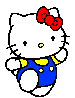 White cat with red bow, blue overalls with yellow accents, and yellow buttons, in various poses against gray background.