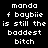 Pixelated text on black background with red highlight boxes changing across frames, displaying 'manda f baybiie is still the baddest bitch' in white and red.