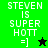 A split-screen animation shows four with 'STEVEN IS SUPER HOTT =]' text and star symbols changing between green and black backgrounds