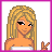 Pixel art contact sheet showing three frames of an animated buddy icon with a blonde character, peace symbol shirt, and decorated pants.