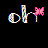 Pixelated 'oh' text with pink butterfly above, white and blue patterned letters on black background; animated text changes below.