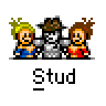 Animated contact sheet of pixel art buddy icons featuring three cartoon characters with text bubbles and repeated "Stud" labels across multiple frames.