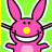 Animated pink bunny with yellow nose, black eyes, and wide white-toothed smile against bright green background.