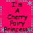 A static digital image with bright pink background and cyan decorative elements displaying repeated text "I'm A Cherry Fairy Princess!!" in black pixelated font.