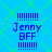 Blue background with green diamond pattern, four identical pixelated text blocks reading "Jenny BFF" surrounded by blue dotted lines.