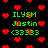 Static pixel art with green text and red hearts on black background, featuring repeated names and numbers.