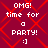 Red background with red diamond pattern, white text reading "OMG! time for a PARTY! :]")