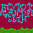 Pixelated blue text and symbols on a maroon background with green grass-like border, transitioning to a gray area on the right.