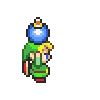 Pixel art character in green tunic and red boots holds blue orb with white cross, shown in four sequential poses with slight body and head movements.