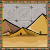 Pixel art contact sheet of five animated frames showing a desert scene with pyramids and changing text elements.