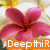 A pink flower with five petals and a dark center appears in four , each containing orange text reading "DeepthiR" below the flower