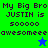 Pixelated text reads 'My Big Bro JUSTIN is sooooo awesomeee' with two star icons on a split background of green and blue.
