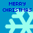 Blue background with four light blue snowflakes and "MERRY CHRISTMAS" text in dark blue pixelated font.
