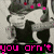 Pixelated animation featuring a black-and-white figure with green accents, pink text overlays, and a bright pink displaying creator credits