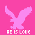 Pixelated pink eagle silhouette on bright pink background with 'AE IS LOVE' text and heart symbol.
