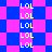Pixelated image with repeated 'LOL' text in white on alternating blue and pink diamond-shaped background