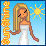 Pixel art contact sheet showing two frames of an animated icon featuring a blonde woman in a white dress against a blue sky with sun, holding a vertical orange flame-like object.