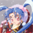 Pixelated anime-style character with blue hair and pink accessories against a light background, next to black with white text