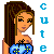 Pixel art icon of a cartoon woman with long brown hair in a high ponytail, wearing a blue strapless dress with yellow and green patterns, standing next to vertical blue text spelling "cutie" on white background.