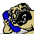 Pixelated cartoon dog with tan fur and black face holds blue telephone receiver to ear, expression shifts between neutral and smiling