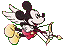 Pixelated cartoon character with black ears, white face, red shorts, and yellow shoes holding a bow and arrow against gray background.