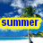 A beach scene with palm trees and blue sky transitions through four text overlays: 'summer' in blue on yellow, '09' in orange on green, 'is' in purple on pink, and 'here' in cyan on red.
