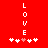 Red background with vertical white text 'LOVE' and five pixelated hearts below, one pink heart among four white hearts.