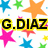 Pixelated graphic with colorful stars surrounding bold yellow-outlined black text reading 'G.DIAZ' on a white background.