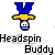 Pixelated icon of a character with blue 'V' headpiece, yellow neckband, and white face with blue stripes, labeled 'Headspin Buddy' text below.