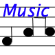 Blue text "Music" repeated across five horizontal staves with black musical notes on white background.