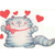 Pixelated cartoon character with blue-gray body, red blush, and red heart-shaped eyes, surrounded by floating red hearts on white background.
