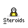 A 3x3 grid of pixel art frames showing a stick figure character progressively building muscle mass while wearing yellow clothing, with the word "Steroids" displayed beneath each frame.