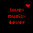 Red pixelated text 'love-music-dever' on black background with animated red heart and starburst symbols.