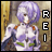 A 4-frame contact sheet of a pixelated anime character with purple hair and white armor, each frame showing slight variations in pose and text alignment.