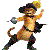 Pixelated cartoon cat in pirate attire holding a sword, with text 'PUSS' and 'BOOTS!' on white background.