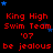 Red text 'King High Swim Team '07' and 'be jealous' repeated on black background with scattered blue stars, one gray square in bottom-right corner.