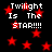 Black background with red stars and repeated white text 'Twilight Is The STAR!!!!' in pixelated font.
