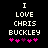 Black background with white pixelated text reading "I LOVE CHRIS BUCKLEY" and five pink/purple pixel hearts below, two versions showing heart animation changes.