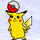Yellow cartoon character with red cheeks and black-tipped ears holds a silver-and-red spherical object on its head, standing against light blue background.