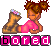 Pixelated character with brown hair in two buns, wearing pink top and brown boots, lying on gray background with 'bored' text below.